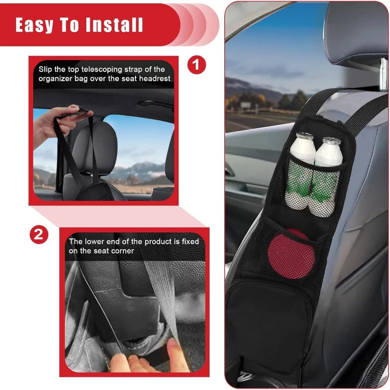 Set of 2 Car Seat Side Organizers – Multi-Pocket Hanging Mesh Storage Bags