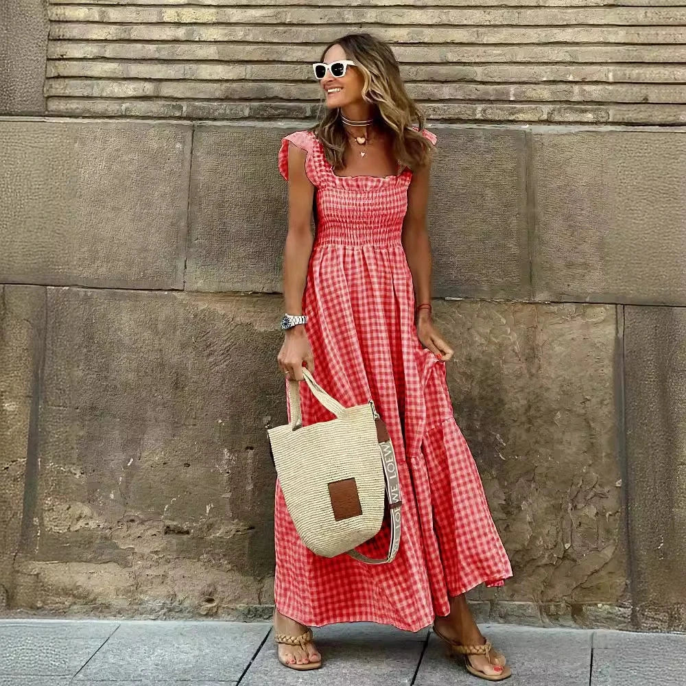 Robe Longue à Carreaux Vichy – Style Rétro Chic avec Volants et Poitrine Élastique