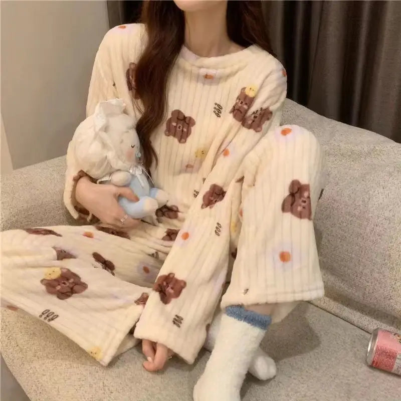 Autumn Winter Warm Flannel Fleecing Women Pyjamas Sets Thick Coral Velvet Long Sleeve Cartoon Sleepwear Thin Flannel Pajamas Set