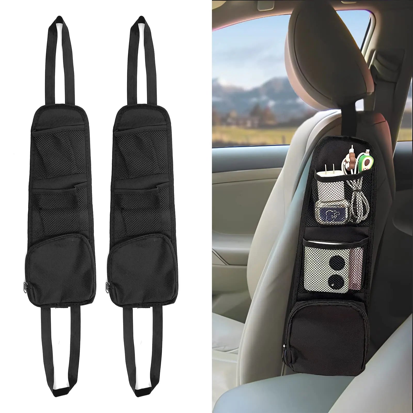 Set of 2 Car Seat Side Organizers – Multi-Pocket Hanging Mesh Storage Bags