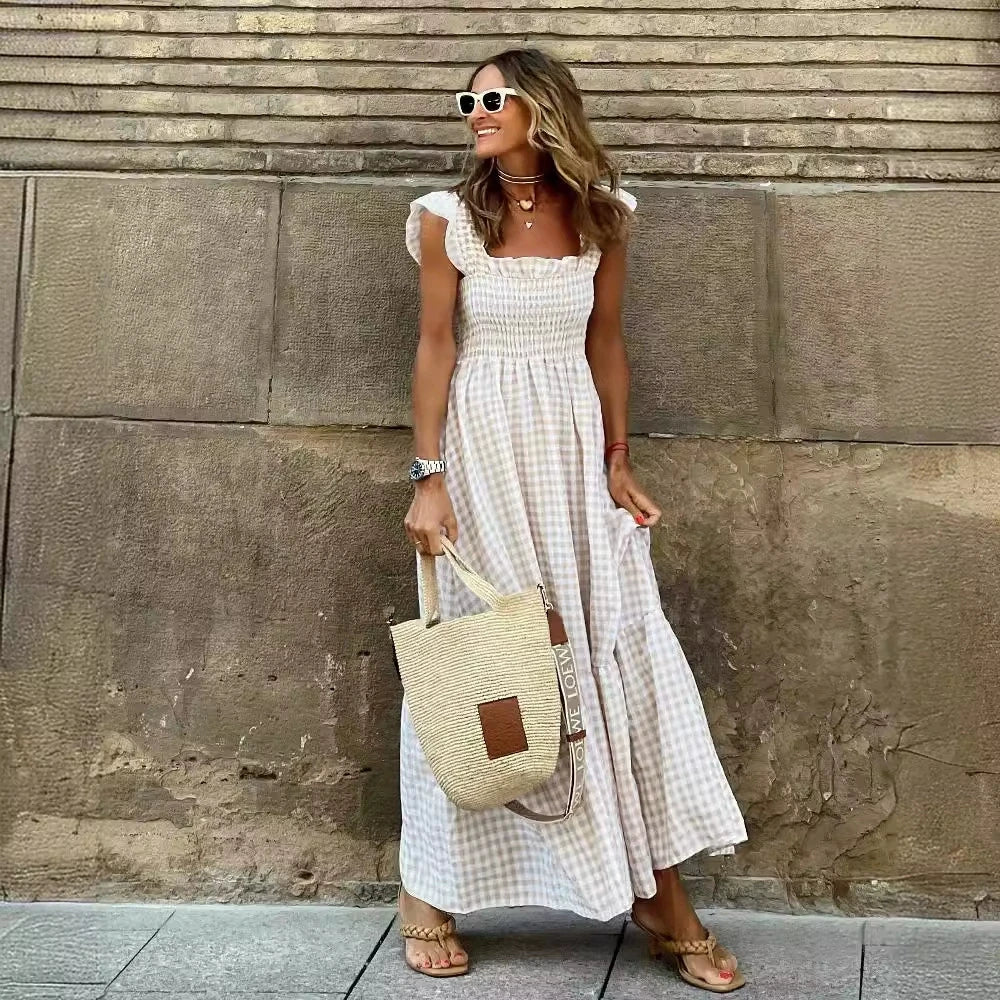 Robe Longue à Carreaux Vichy – Style Rétro Chic avec Volants et Poitrine Élastique