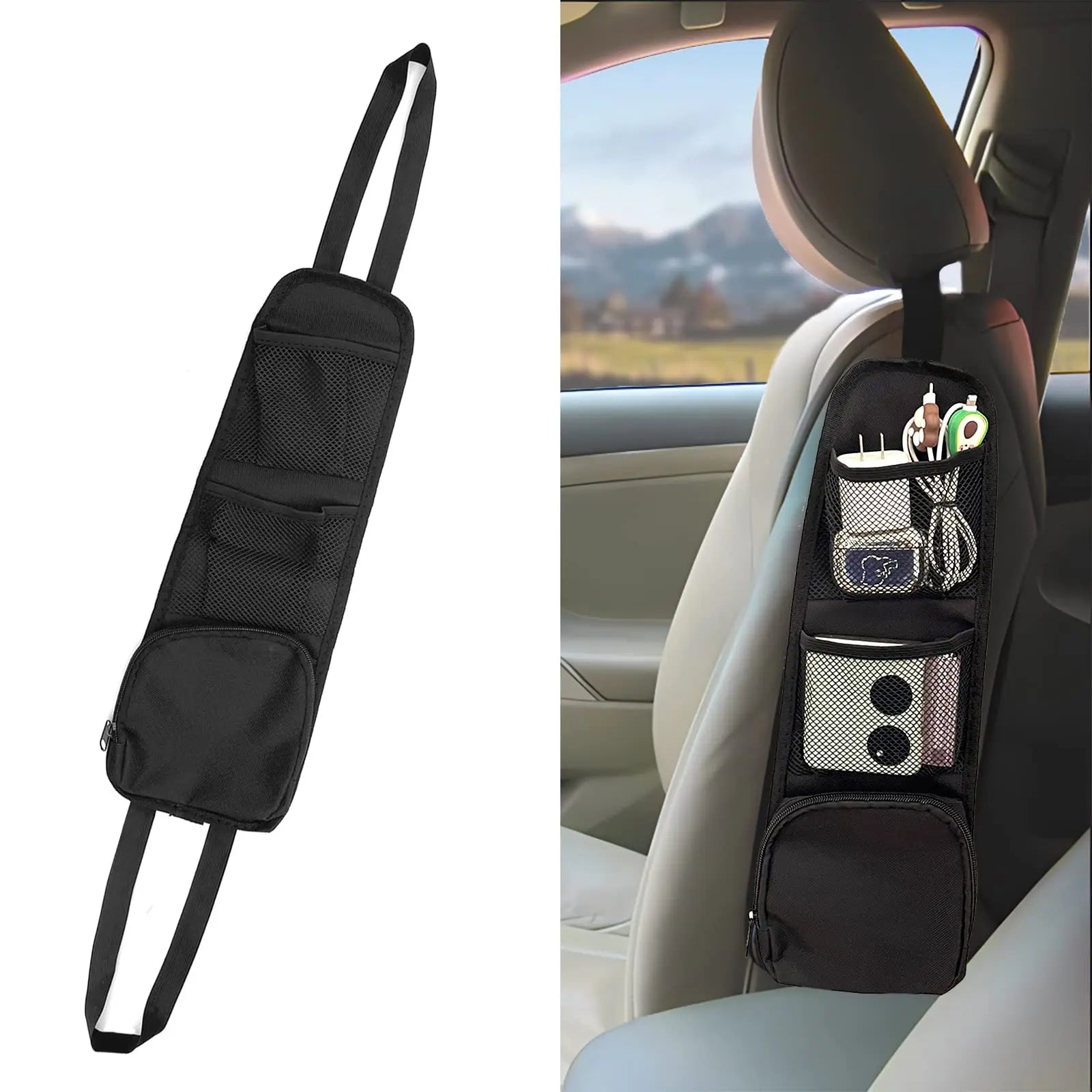 Set of 2 Car Seat Side Organizers – Multi-Pocket Hanging Mesh Storage Bags
