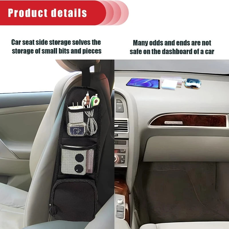 Set of 2 Car Seat Side Organizers – Multi-Pocket Hanging Mesh Storage Bags