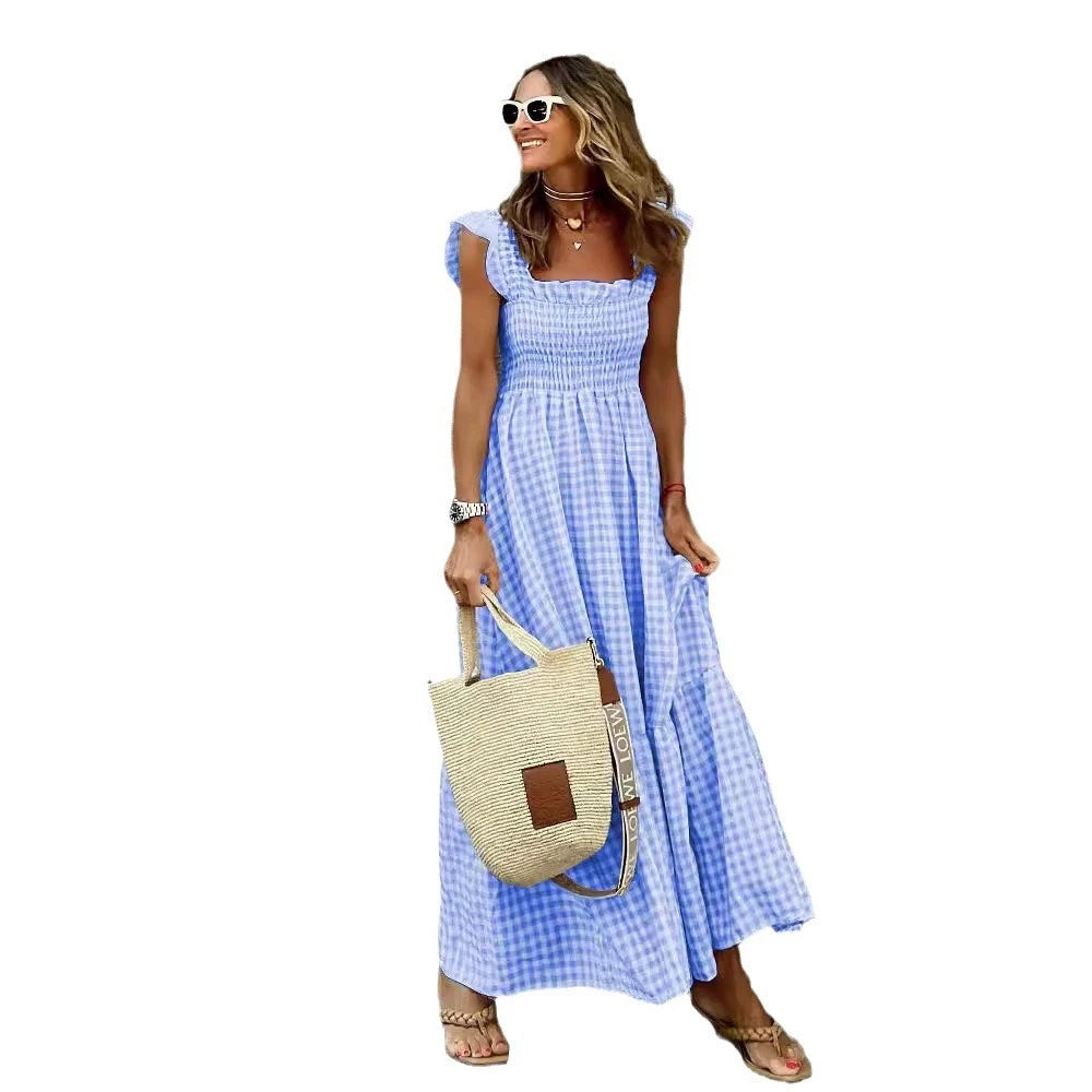 Robe Longue à Carreaux Vichy – Style Rétro Chic avec Volants et Poitrine Élastique